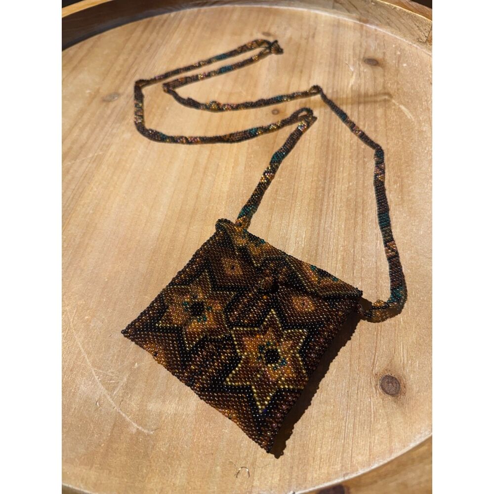 Vintage Hand Beaded Floral Drawstring Purse Mini Seed Bead Bag